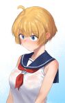  1girl ahoge bangs blonde_hair blue_eyes blue_sailor_collar blush breasts closed_mouth eyebrows_visible_through_hair griffon_(last_origin) ichihyaku_nanajuu korean_commentary large_breasts last_origin neckerchief red_neckerchief sailor_collar see-through shirt short_hair simple_background sleeveless sleeveless_shirt solo upper_body wet wet_clothes white_shirt 