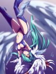  1girl armpits bare_shoulders breasts circlet cleavage duel_monster feathered_wings feathers garter_straps green_hair hair_over_one_eye harpie_queen harpy highres kagyu_dd large_breasts long_hair monster_girl navel pointy_ears ponytail purple_eyes revealing_clothes solo upside-down very_long_hair white_feathers white_wings winged_arms wings yu-gi-oh! 