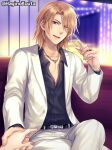 1boy 1girl alcohol bangs black_shirt blurry blurry_background brown_eyes champagne champagne_flute collarbone collared_shirt commission couch crossed_legs cup depth_of_field dress_shirt drinking_glass earrings formal hagino_kouta holding holding_cup indoors jacket jewelry light_brown_hair long_sleeves looking_at_viewer male_focus nail_polish on_couch open_clothes open_jacket original out_of_frame pants parted_bangs parted_lips pink_nails shirt sitting skeb_commission smile solo_focus suit teeth twitter_username upper_teeth white_jacket white_pants 