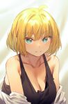  1girl ahoge bangs blonde_hair blue_eyes blush breasts cleavage closed_mouth eyebrows_visible_through_hair griffon_(last_origin) ichihyaku_nanajuu large_breasts last_origin looking_at_viewer open_clothes short_hair simple_background solo tank_top upper_body 