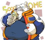  2022 anthro belly big_belly black_nose blue_eyes clothing eating food humanoid_hands kemono male mammal obese obese_male okudami overweight overweight_male polar_bear shirt solo tongue tongue_out topwear ursid ursine white_body 