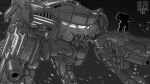  absurdres arm_cannon atlas_(battletech) battletech grey_background greyscale highres king_crab_(battletech) kreuzer_00 light_particles looking_ahead mecha monochrome no_humans science_fiction size_comparison solo_focus weapon 