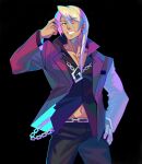  1boy ace_attorney bangs black_pants black_shirt blonde_hair blue_eyes chain chain_belt chain_necklace collared_jacket collared_shirt cowboy_shot dark-skinned_male dark_skin denaseey drill_hair earrings hand_on_hip highres jacket jewelry klavier_gavin male_focus navel necklace one_eye_closed pants pectoral_cleavage pectorals red_jacket shirt smile 