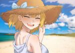  1girl bangs beach blonde_hair blush bow breasts brown_headwear closed_eyes cloud day dress griffon_(last_origin) hat hat_bow head_tilt ichihyaku_nanajuu korean_commentary large_breasts last_origin open_mouth outdoors short_hair sky solo sun_hat upper_body white_dress 