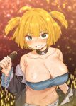  1girl ahoge bandeau bangs black_choker black_jacket blonde_hair blue_eyes blush breasts choker cleavage confetti eyebrows_visible_through_hair frilled_sleeves frills griffon_(last_origin) grin hair_between_eyes holding holding_microphone ichihyaku_nanajuu jacket korean_commentary large_breasts last_origin looking_at_viewer microphone open_clothes open_jacket short_hair smile solo sweat two_side_up upper_body 
