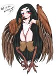  1girl absurdly_long_hair animal_ears animal_hands bird_ears bird_legs black_hair blue_eyes blush blush_stickers borrowed_character breasts brown_feathers brown_wings commentary_request feathered_wings feathers harpy highres leotard long_hair monster_girl olsa_(oftintys) original pussy pussy_peek simple_background small_breasts solo sweatdrop talons thick_eyebrows very_long_hair wavy_mouth white_background white_leotard winged_arms wings 