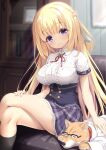  1girl blonde_hair braid breasts closed_mouth dress frilled_dress frilled_shirt frills highres lace lace-trimmed_skirt lace_trim large_breasts long_hair mikagami_mamizu original purple_eyes shiny shiny_hair shiny_skin shirt sitting skirt smile very_long_hair 