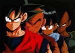  1990s_(style) 4boys bald bangs black_eyes black_hair dragon_ball dragon_ball_z facing_viewer father_and_son high_contrast karin_(dragon_ball) looking_at_viewer male_focus multiple_boys non-web_source official_art retro_artstyle saiyan saiyan_armor serious short_hair son_gohan son_goku spiked_hair upper_body vegeta 