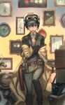 1girl androgynous bangs beige_coat belt belt_pouch black_hair coat english_commentary flower fur_hat goggles goggles_on_headwear ground_vehicle hat hermes_(kino_no_tabi) highres holding holding_flower jacket kino_(kino_no_tabi) kino_no_tabi long_sleeves looking_at_viewer mito_itsuki motor_vehicle motorcycle open_clothes open_coat painting_(object) pants parted_lips pouch red_flower reverse_trap short_hair solo 