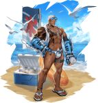  1boy abs anklet artist_request bara beach biceps bidziil_(gyee) bird bulge buzz_cut can cloud cloudy_sky collar cooler day ear_piercing earrings facial_hair flag gauntlets glasses gyee hand_on_hip innertube jacket jewelry large_pectorals male_swimwear manly muscular muscular_male navel navel_hair necklace no_pants ocean open_clothes open_jacket pectorals piercing ring sand sandals scar scar_on_chest scar_on_face scar_on_leg scar_on_stomach seagull short_hair sky soda_can stubble stud_earrings swim_briefs tattoo thick_arms thick_eyebrows thick_thighs thighs topless topless_male very_short_hair weapon wet white_hair 