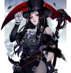  1other androgynous asymmetrical_gloves bare_shoulders black_clothes black_hair black_suit border collared_shirt datcravat eyeshadow feathers fingerless_gloves formal gloves guilty_gear guilty_gear_strive hat highres holding holding_weapon long_hair looking_at_viewer makeup red_eyes scythe shirt side_slit skull standing straight_hair suit testament_(guilty_gear) top_hat twitter_username weapon white_background white_border white_gloves white_shirt 