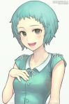  1girl aqua_hair blush breasts brown_eyes gofelem hand_on_own_chest looking_at_viewer open_mouth persona persona_3 short_hair simple_background smile solo white_background yamagishi_fuuka 