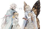  2boys 2girls ahoge anger_vein artoria_pendragon_(caster)_(fate) artoria_pendragon_(fate) blonde_hair brown_gloves butterfly_wings cape dress empty_eyes fate/grand_order fate_(series) gloves long_hair merlin_(fate) multiple_boys multiple_girls oberon_(fate) ponytail robe saber_lily ss_un17 white_background white_dress white_gloves white_hair wings 