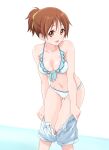  1girl bangs bikini blue_background blue_shorts blush breasts brown_eyes brown_hair cleavage collarbone commentary_request dresstrip eyebrows_visible_through_hair frilled_bikini frills hair_between_eyes hair_ribbon hirasawa_ui k-on! looking_at_viewer medium_breasts open_mouth ponytail ribbon shiny shiny_skin short_hair shorts simple_background smile solo swimsuit two-tone_background undressing white_background white_bikini yellow_ribbon 