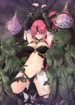  1girl 5boys armpits arms_up breasts cleavage defeat detached_sleeves elf goblin horns kirishima_satoshi large_breasts long_hair multiple_boys navel original pink_hair pointy_ears purple_eyes restrained thighhighs very_long_hair 