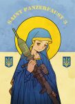  1girl acea4 blue_cloak brown_eyes cloak closed_mouth commentary_request flag_background holding holding_weapon long_sleeves looking_at_viewer military original rocket_launcher simple_background solo st._javelin ukrainian_flag upper_body weapon weapon_request wide_sleeves 