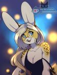  2021 anthro blonde_hair blue_eyes breasts chi_(inktiger) cleavage clothed clothing colored dress eyelashes eyewear felid female glasses hair half_body hybrid impressionist_background inktiger lagomorph leopard leopard_spots leporid mammal pantherine rabbit shaded signature solo spots text url watermark 