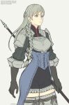  1girl armor braid breastplate closed_mouth gloves gofelem greaves grey_eyes grey_hair groin long_hair polearm ravness_loxaerion simple_background solo tactics_ogre thighhighs weapon 