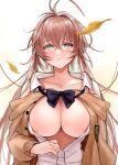  1girl absurdres ahoge areola_slip areolae azur_lane bangs bare_shoulders black_bow black_bowtie blue_eyes blush bow bowtie breasts brown_cardigan brown_hair cardigan cl_(summer_sama) cleavage collarbone collared_shirt commentary crossed_bangs eyebrows_visible_through_hair falling_leaves hair_between_eyes highres impero_(azur_lane) impero_(languid_librarian)_(azur_lane) large_breasts leaf long_hair long_sleeves looking_at_viewer loose_bowtie off_shoulder official_alternate_costume open_cardigan open_clothes parted_lips partially_unbuttoned shirt sidelocks simple_background sleeveless sleeveless_shirt solo standing upper_body very_long_hair white_background white_shirt 