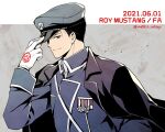 1boy artist_name black_hair blue_shirt character_name dated fullmetal_alchemist gloves grey_eyes hand_on_headwear hat light_smile long_sleeves looking_at_viewer male_focus medal military military_uniform peaked_cap roy_mustang shirt short_hair solo takafuji_yuna twitter_username uniform upper_body white_gloves 