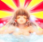  1girl bangs bathing blush breasts brown_hair closed_eyes commentary_request cookie_(touhou) frilled_hair_tubes frills hair_tubes hakurei_reimu kanna_(cookie) khn_(kihana) large_breasts long_hair no_hat no_headwear open_mouth revision smile solo sunburst sunburst_background touhou upper_body water 