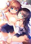  2girls ass asymmetrical_docking bangs blue_eyes blue_ribbon blue_skirt blush board_eraser bra bra_pull breast_grab breast_press breasts brown_hair cellphone clothes_pull collarbone commentary day eyebrows_visible_through_hair grabbing hair_between_eyes hair_ornament hair_ribbon hairclip highres incest indoors large_breasts long_hair looking_at_viewer multiple_girls open_clothes open_mouth open_shirt original panties panties_around_one_leg panty_pull phone pink_panties ribbon sasai_saji short_sleeves siblings sisters sitting skirt small_breasts smartphone smile thighhighs twintails underwear white_legwear x_hair_ornament yuri 