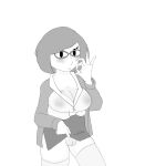  1:1 areola beady_eyes big_breasts blush bottomwear breasts clothed clothing clothing_lift digital_media_(artwork) dress_shirt eyewear fellatio_gesture female female_focus genitals gesture glasses hair hand_gesture hi_res humanoid jacket legwear looking_at_viewer mii monochrome nikki_(swapnote) nintendo no_underwear not_furry open_mouth peach_pussy pussy raised_bottomwear raised_clothing raised_skirt shirt simple_background skirt skirt_lift solo solo_focus spearmph suggestive suggestive_gesture swapnote thick_thighs thigh_highs topwear translucent translucent_clothing video_games 