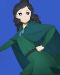  1girl absurdres artist_name black_eyes black_hair blue_background breasts cape deroops dress green_cape green_dress hand_on_hip highres long_hair long_sleeves looking_at_viewer miranjo ousama_ranking small_breasts solo standing 