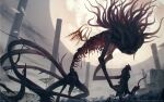  1other alien artist_name bloodborne brown_coat coat eldritch_abomination flower from_side gloves hat highres holding hollow_eyes hunter_(bloodborne) l_aciel monster moon moon_presence outdoors pillar tentacles tricorne weapon white_flower wings 