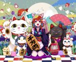  1girl :3 absurdres alternate_costume animal_ears apron bell black_cat black_dress blue_eyes branch calico cat cat_day cat_ears cat_girl cat_tail checkered_floor closed_eyes cloud daruma_doll dress fingernails fish flower gold_coin grass highres japanese_clothes maneki-neko mount_fuji multiple_cats multiple_tails neck_bell on_floor original paw_pose paw_print pillow red_eyes red_hair red_nails sharp_fingernails shirt sitting sitting_on_pillow slit_pupils ssm_a_u striped striped_shirt tail tassel two_tails whiskers white_cat yellow_eyes 