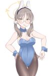  alternate_costume blue_archive blush breasts brown_hair candy cleavage collarbone commentary_request food glasses halo highres hoshino_ouka large_breasts lollipop looking_at_viewer low_twintails moe_(blue_archive) playboy_bunny short_twintails simple_background twintails white_background 