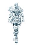  1girl armor avatar_(monster_hunter) basarios_(armor) boobplate clenched_hands dark-skinned_female dark_skin english_commentary faulds frills full_armor full_body gauntlets goss_harag_(armor) greaves highres knee_pads looking_to_the_side monochrome monster_hunter_(series) monster_hunter_rise pechan short_hair solo standing thighhighs very_short_hair white_background 