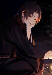  1boy absurdres earrings fireworks hand_on_own_face highres japanese_clothes jewelry kashuu_kiyomitsu looking_at_viewer male_focus night red_eyes side_ponytail squatting sword touken_ranbu weapon yamada_chickenko 