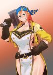  1girl absurdres apron bandana belt black_gloves blue_bandana braid breasts cropped_jacket english_commentary gloves gradient gradient_background green_eyes grin hair_between_eyes hammer hand_on_hip highres holding holding_hammer jacket large_breasts long_hair minayle_(monster_hunter) monster_hunter_(series) monster_hunter_rise no_bra no_panties orange_hair side_braid sideboob smile solo standing the_flying_toaster thick_thighs thighs white_apron yellow_jacket 