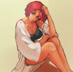  1girl black_bra blue_eyes bra breasts cleavage dark-skinned_female dark_skin feet_out_of_frame giovanna_(guilty_gear) guilty_gear guilty_gear_strive head_tilt jewelry large_breasts legs_together lips looking_at_viewer off_shoulder open_clothes open_shirt pendant red_hair shirt short_hair smile solo taobaka underwear white_shirt 