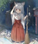  1girl :o animal_ear_fluff animal_ears arm_up bangs blush breasts broom brown_eyes child commentary_request dappled_sunlight day eyebrows_visible_through_hair foliage fox_ears fox_girl fox_statue full_body grass grey_hair hakama hakama_skirt hand_on_own_forehead hand_up highres holding holding_broom japanese_clothes kimono lantern long_hair long_skirt looking_at_viewer miko original outdoors parted_lips pavement pleated_skirt pond psyche3313 puddle red_hakama red_ribbon red_skirt ribbon ribbon-trimmed_sleeves ribbon_trim sandals see-through_kimono shadow short_sleeves sidelocks silver_hair skirt socks solo standing statue sunlight tabi tree tree_shade very_long_hair water wet wet_clothes wet_kimono white_kimono white_legwear wide_sleeves wiping_sweat wooden_lantern zouri 