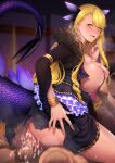  1boy 1girl ass bangs black_dress blonde_hair breasts cowgirl_position cum cum_in_pussy dark-skinned_female dark_skin dragon_girl dragon_horns dragon_tail dress facial_mark fate/grand_order fate_(series) girl_on_top hetero horns large_breasts long_hair long_sleeves looking_at_viewer looking_back nipples open_mouth penis pussy sex smile straddling sweat swept_bangs tail thighs vaginal veil vritra_(fate) yellow_eyes zucchini 