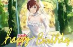  arch blue_eyes blush bouquet breasts bridal_gauntlets bridal_veil bride brown_hair cleavage closed_mouth detached_sleeves dobure18 dress elbow_gloves english_text floral_arch flower frills gloves hana_macchia happy_birthday highres looking_at_viewer nijisanji nijisanji_id pink_dress rose smile veil virtual_youtuber wedding wedding_dress white_dress 