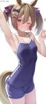  absurdres animal_ears arm_up armpits breasts brown_eyes brown_hair collarbone hair_between_eyes hair_ornament hair_ribbon highres horse_ears horse_tail kawai_ritsu_(rits_meg) one_eye_closed ribbon school_swimsuit simple_background small_breasts smart_falcon_(umamusume) swimsuit tail twitter_username umamusume white_background 