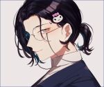  1boy character_request glasses hair_ornament highres japanese_clothes looking_at_viewer male_focus ponytail purple_eyes purple_hair smile touken_ranbu yamada_chickenko 