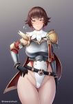  1girl armor ass_visible_through_thighs bare_legs belt blush boobplate breasts brown_hair cameltoe cape earrings fiorayne_(monster_hunter) gauntlets hand_on_hip highleg highleg_leotard highres jewelry large_breasts leotard looking_at_viewer loose_belt monster_hunter_(series) monster_hunter_rise pauldrons purple_eyes short_hair shoulder_armor single_pauldron solo thigh_gap thighs white_leotard yamanata 