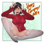  1girl 2021 after_anal after_sex after_vaginal anus black_eyes black_hair blush border bottomless breasts bukkake chainsaw_man christmas covered_nipples cum cum_in_ass cum_in_pussy cum_on_body cum_on_breasts cum_on_clothes cum_on_fingers cum_on_hair cumdrip double_v facial fingernails full_body hair_ornament hairclip higashiyama_kobeni highres looking_at_viewer medium_breasts merry_christmas mole mole_on_ass mole_on_cheek mole_under_eye mole_under_mouth multiple_moles nearly_naked_sweater no_panties no_shoes open_mouth outside_border pussy pussy_peek rat_huang red_sweater saliva short_hair short_ponytail simple_background sitting sleeves_past_wrists solo sweater teeth thighhighs turtleneck turtleneck_sweater upper_teeth v white_border white_legwear wide_spread_legs 