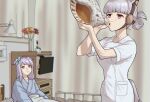  2girls animal_ears bangs bed bed_sheet bow closed_mouth curtains gold_ship_(umamusume) hair_bow hair_bun holding horse_ears horse_girl horse_tail hospital hospital_bed hospital_gown indoors long_hair long_sleeves mejiro_mcqueen_(umamusume) mobuyama_sol multiple_girls nurse purple_eyes purple_hair seashell shell short_sleeves tail television umamusume 