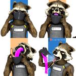 1:1 absurd_res bodily_fluids breath brown_body brown_fur deep_throat dialogue dildo english_text face_mask fur guardians_of_the_galaxy hi_res inner_ear_fluff male mammal marvel nails open_mouth oral oral_penetration orange_eyes panting penetration procyonid raccoon rocket_raccoon saliva saliva_string sex_toy solo teeth text tuft twopapers 