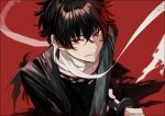  1boy black_hair highres hizen_tadahiro looking_at_viewer male_focus red_background red_eyes red_hair scarf sheath short_hair smile sword touken_ranbu unsheathing weapon yamada_chickenko 