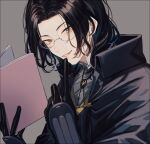  1boy black_hair book character_request coat glasses gloves grey_eyes highres looking_at_viewer male_focus smile touken_ranbu yamada_chickenko 