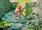  day fomantis highres leaf lily_pad looking_to_the_side moss no_humans outdoors pokemon pokemon_(creature) ripples rock scizor soaking_feet two_pokemon water yellow_eyes 
