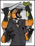  ambiguous_gender anthro black_border border canid canine celery clothing farorenightclaw food hi_res knife mammal maned_wolf multi_arm multi_limb painted_claws plant shirt solo topwear vegetable 