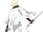  1boy aiguillette black_gloves black_shirt blonde_hair cowboy_shot facing_away from_behind gloves hand_guard higekiri_(touken_ranbu) highres holding holding_sword holding_weapon jacket jacket_on_shoulders long_sleeves male_focus oshage_(user_kpsn5534) pants ribbon shirt short_hair simple_background solo sword touken_ranbu unsheathed weapon white_background white_jacket white_pants white_ribbon 