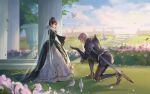  1boy 1girl absurdres armor armored_boots bird blood blood_on_weapon blurry blurry_background boots brown_hair chinese_commentary commentary_request day dress falling_leaves flower gauntlets green_dress hair_bun highres inuyasha kneeling knight leaf long_dress long_sleeves medieval mmmilk outdoors pillar pink_flower rin_(inuyasha) sesshoumaru shoulder_spikes spikes veil weapon 